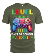 Level 100 Days of School Unlocked Gamer T-Shirt - military green t-shirt on white background