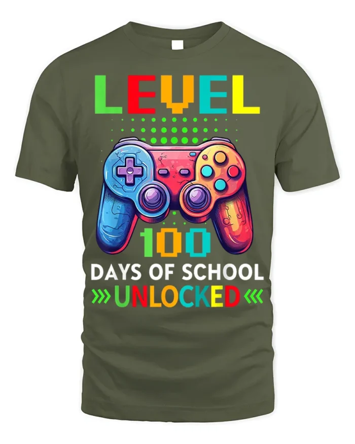 Level 100 Days of School Unlocked Gamer T-Shirt - military green t-shirt on white background