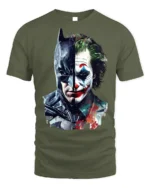 Dark Knight vs Clown Villain Split Face T-Shirt - military green t-shirt on white background