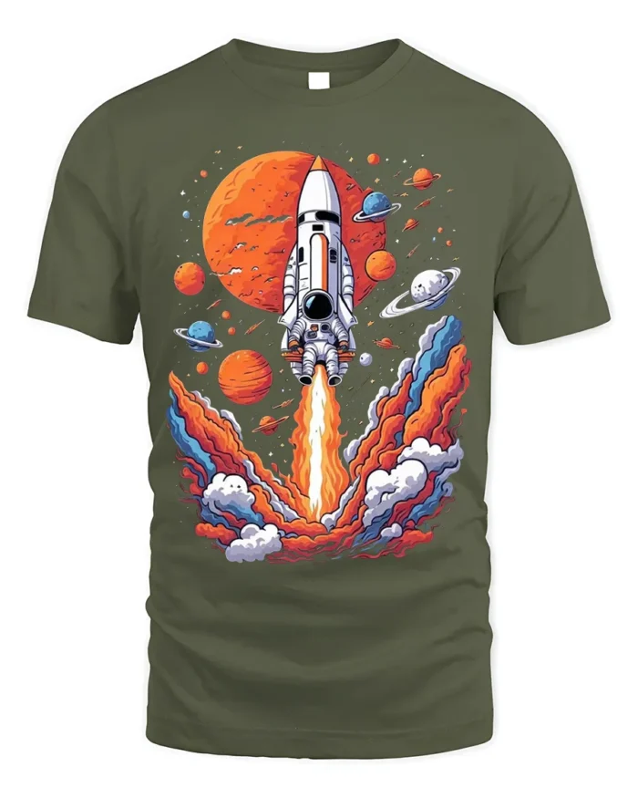 Retro Rocket Launch Space Planets Graphic T-Shirt - military green t-shirt on white background