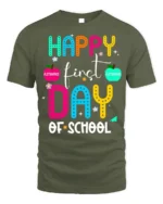 Happy First Day of School Colorful Teacher T-Shirt - military green t-shirt on white background