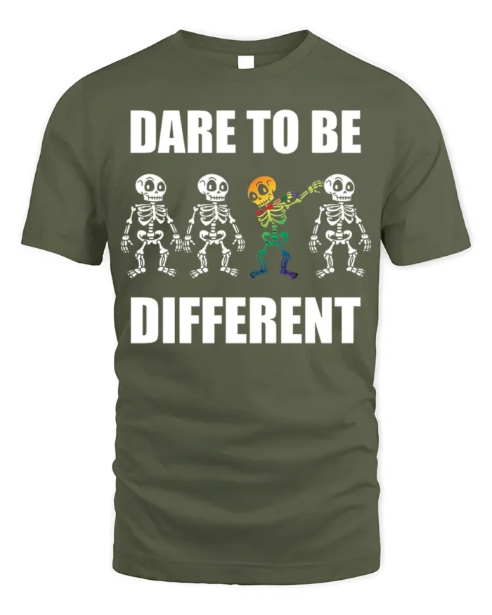 Dare to Be Different Skeleton Rainbow T-Shirt - military green t-shirt on white background