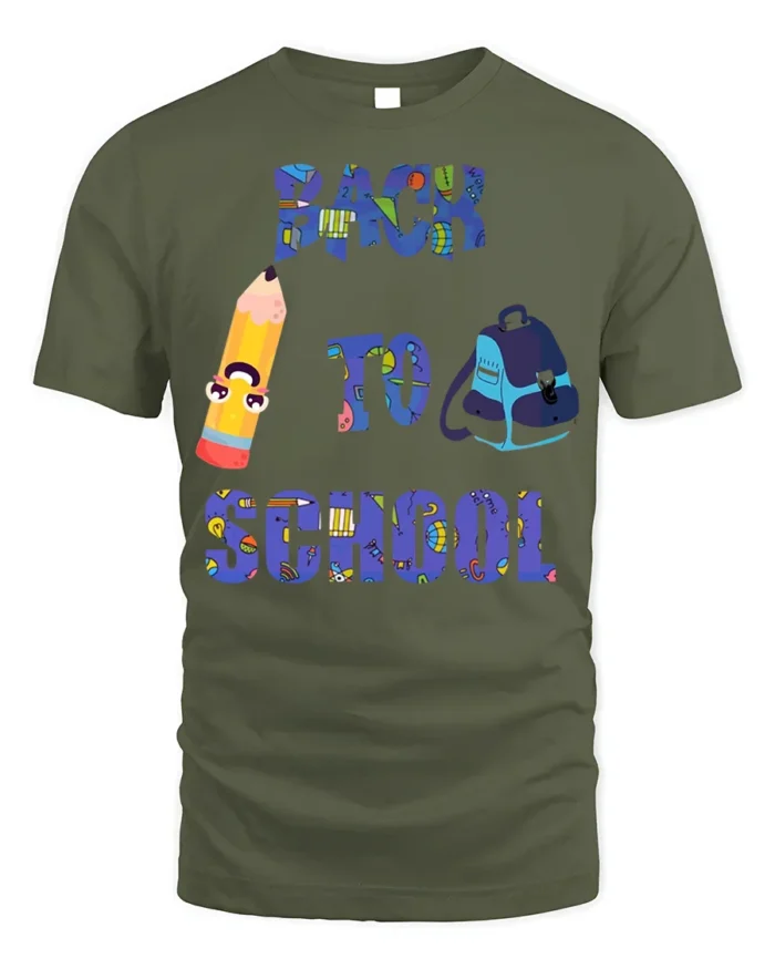 Back to School Pencil and Backpack T-Shirt Fun - military green t-shirt on white background
