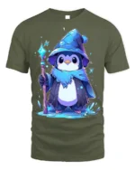 Wizard Penguin Magic Ice Staff Cute T-Shirt - military green t-shirt on white background