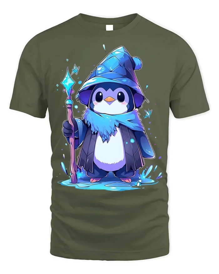 Wizard Penguin Magic Ice Staff Cute T-Shirt - military green t-shirt on white background