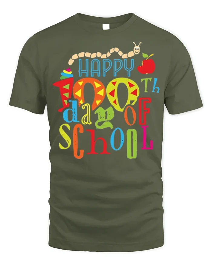 Happy 100th Day of School Cute Kids Colorful T-Shirt - military green t-shirt on white background