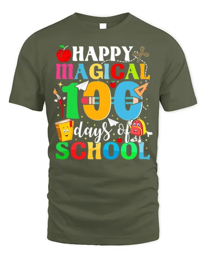 Happy Magical 100 Days of School T-Shirt Tee - military green t-shirt on white background