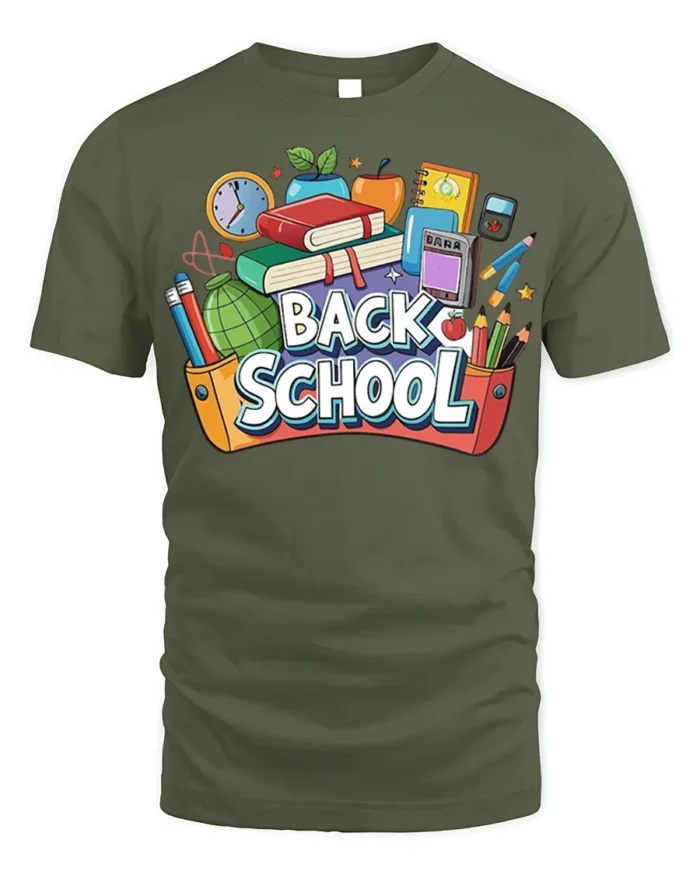 Colorful Back to School T-Shirt - military green t-shirt on white background