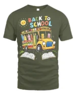 Cute Back to School T-Shirt with Bus and Pencils - military green t-shirt on white background