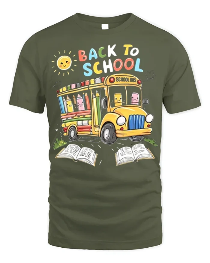 Cute Back to School T-Shirt with Bus and Pencils - military green t-shirt on white background