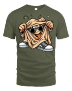 Cool Cartoon Graphic T-Shirt with Sunglasses Dude - military green t-shirt on white background