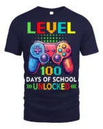 Level 100 Days of School Unlocked Gamer T-Shirt - navy t-shirt on white background