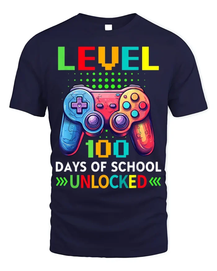 Level 100 Days of School Unlocked Gamer T-Shirt - navy t-shirt on white background