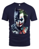 Dark Knight vs Clown Villain Split Face T-Shirt - navy t-shirt on white background