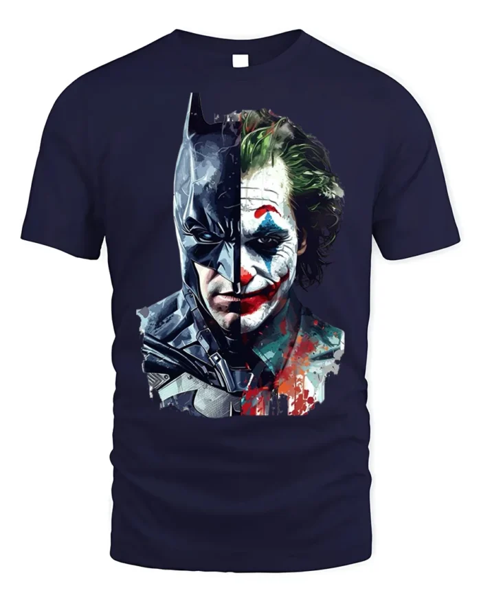 Dark Knight vs Clown Villain Split Face T-Shirt - navy t-shirt on white background