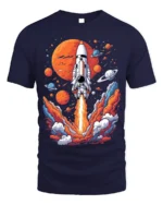 Retro Rocket Launch Space Planets Graphic T-Shirt - navy t-shirt on white background