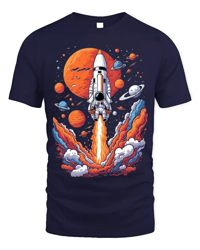 Retro Rocket Launch Space Planets Graphic T-Shirt - navy t-shirt on white background
