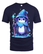 Wizard Penguin Magic Ice Staff Cute T-Shirt - navy t-shirt on white background