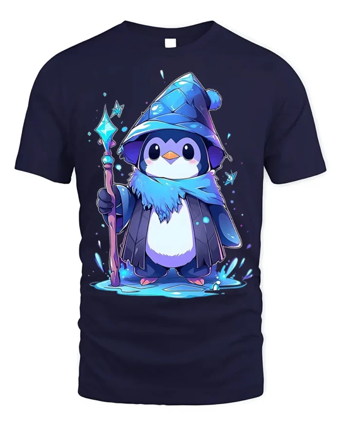Wizard Penguin Magic Ice Staff Cute T-Shirt - navy t-shirt on white background