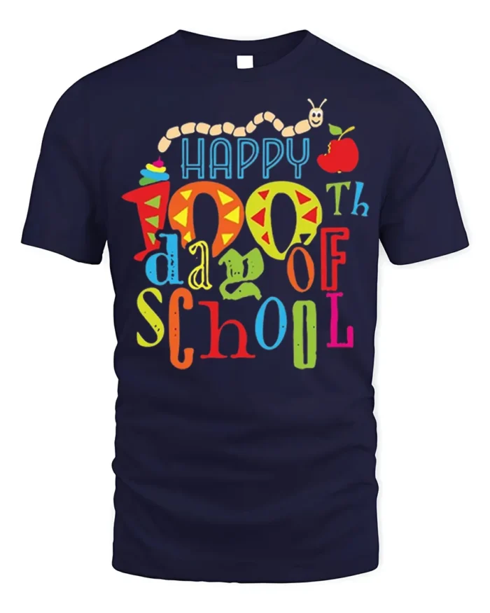 Happy 100th Day of School Cute Kids Colorful T-Shirt - navy t-shirt on white background
