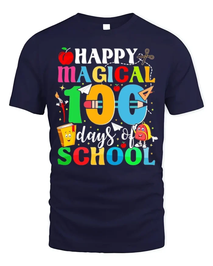 Happy Magical 100 Days of School T-Shirt Tee - navy t-shirt on white background