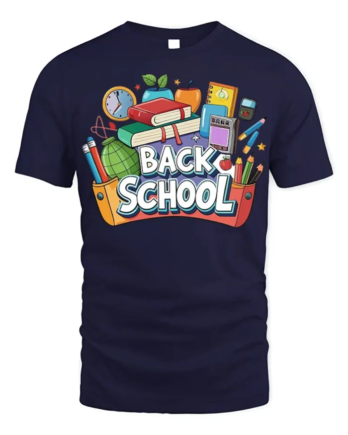 Colorful Back to School T-Shirt - navy t-shirt on white background
