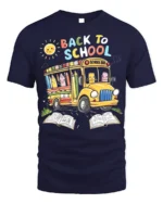 Cute Back to School T-Shirt with Bus and Pencils - navy t-shirt on white background