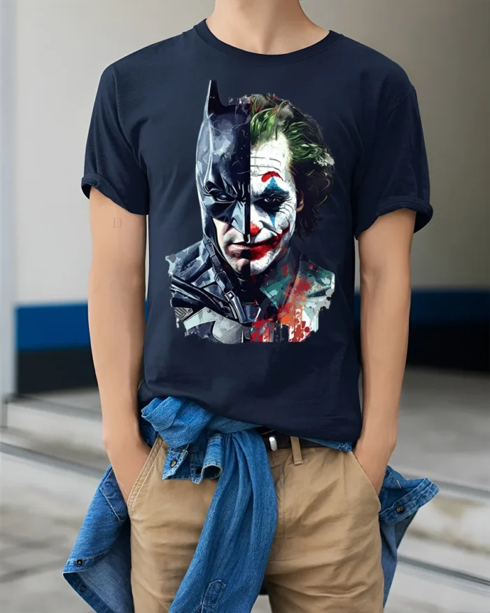 Dark Knight vs Clown Villain Split Face T-Shirt - model wearing navy shirt, hands in pockets
