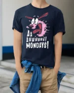 Screaming Dog Cartoon Aaah Mondays T-Shirt Funny - model wearing navy shirt, hands in pockets