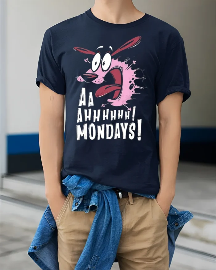 Screaming Dog Cartoon Aaah Mondays T-Shirt Funny - model wearing navy shirt, hands in pockets