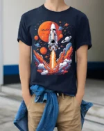 Retro Rocket Launch Space Planets Graphic T-Shirt - model wearing navy shirt, hands in pockets
