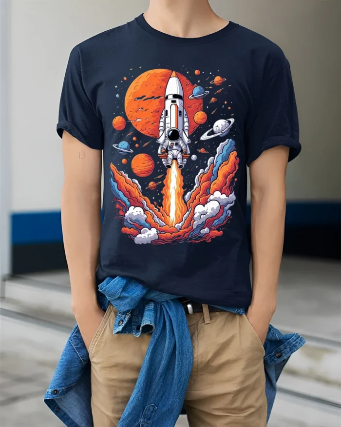 Retro Rocket Launch Space Planets Graphic T-Shirt - model wearing navy shirt, hands in pockets