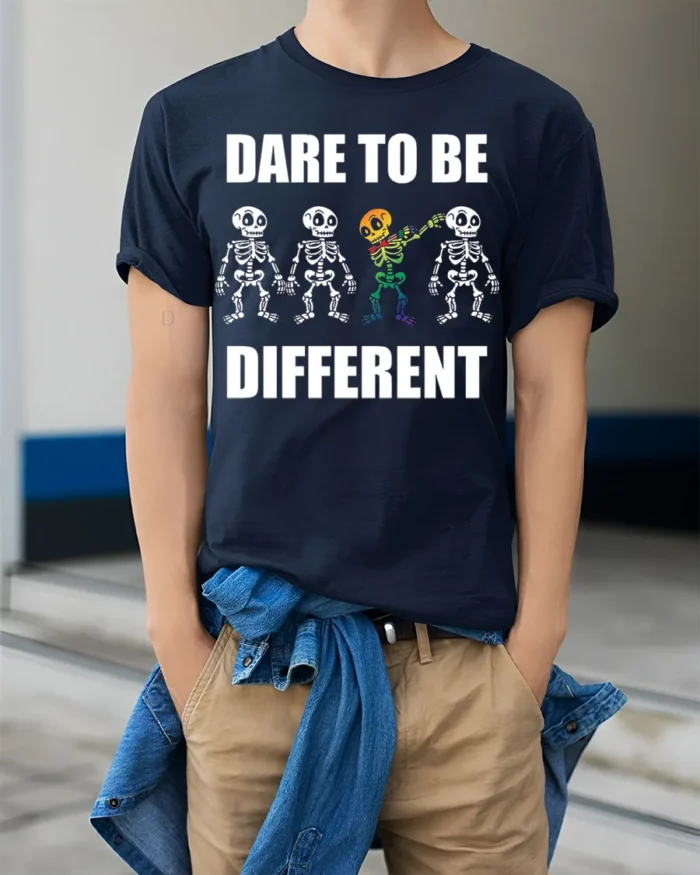 Dare to Be Different Skeleton Rainbow T-Shirt - model wearing navy shirt, hands in pockets
