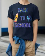 Back to School Pencil and Backpack T-Shirt Fun - model wearing navy shirt, hands in pockets