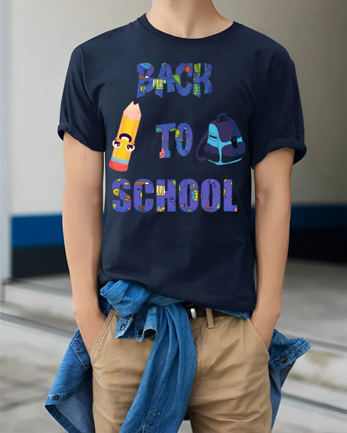 Back to School Pencil and Backpack T-Shirt Fun - model wearing navy shirt, hands in pockets