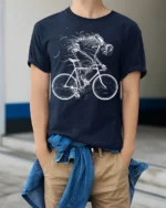 Skeleton Biker Ghost Rider Cycling Graphic T-Shirt - model wearing navy shirt, hands in pockets
