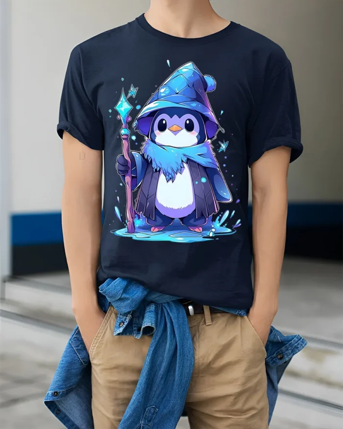 Wizard Penguin Magic Ice Staff Cute T-Shirt - model wearing navy shirt, hands in pockets