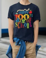 Happy 100th Day of School Cute Kids Colorful T-Shirt - model wearing navy shirt, hands in pockets