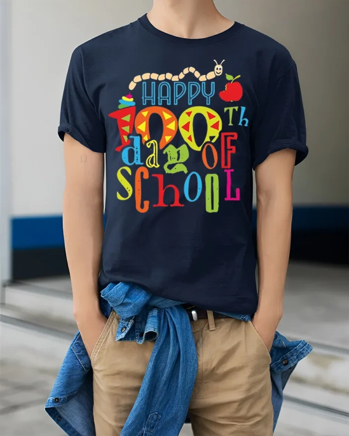 Happy 100th Day of School Cute Kids Colorful T-Shirt - model wearing navy shirt, hands in pockets