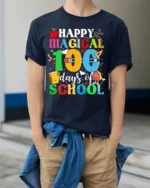 Happy Magical 100 Days of School T-Shirt Tee - model wearing navy shirt, hands in pockets