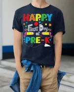 Happy First Day of Pre-K T-Shirt Colorful Tee - model wearing navy shirt, hands in pockets