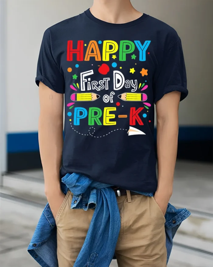 Happy First Day of Pre-K T-Shirt Colorful Tee - model wearing navy shirt, hands in pockets