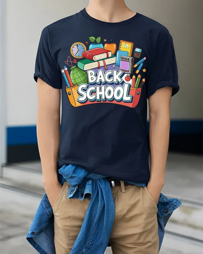 Colorful Back to School T-Shirt - model wearing navy shirt, hands in pockets