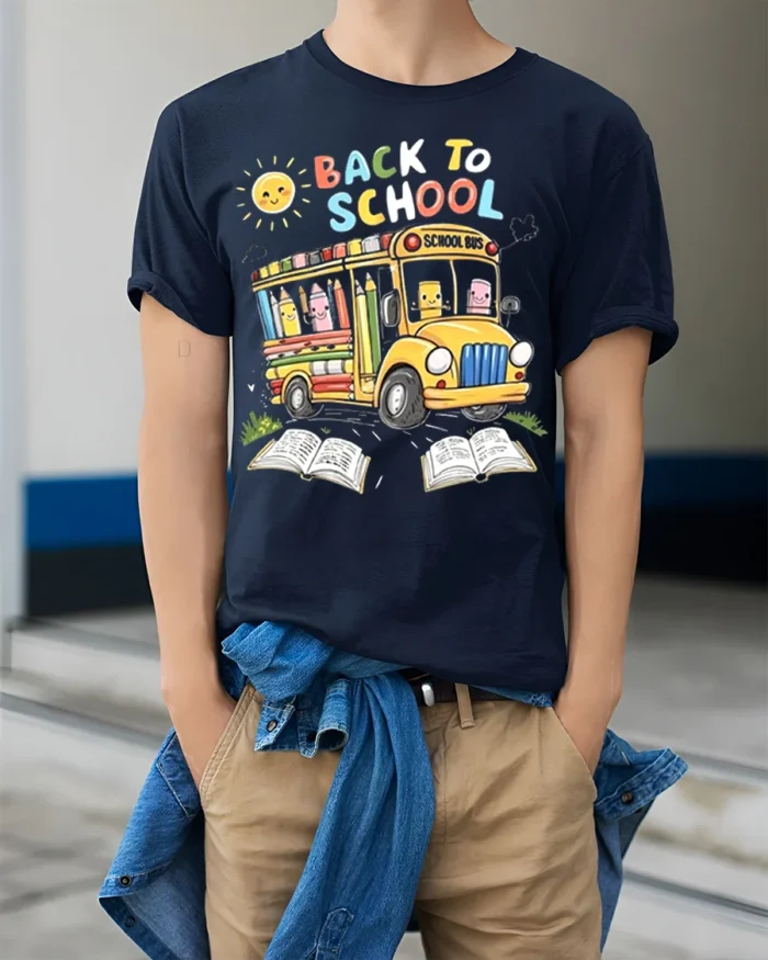 Cute Back to School T-Shirt with Bus and Pencils - model wearing navy shirt, hands in pockets