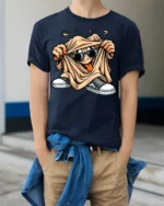Cool Cartoon Graphic T-Shirt with Sunglasses Dude - model wearing navy shirt, hands in pockets