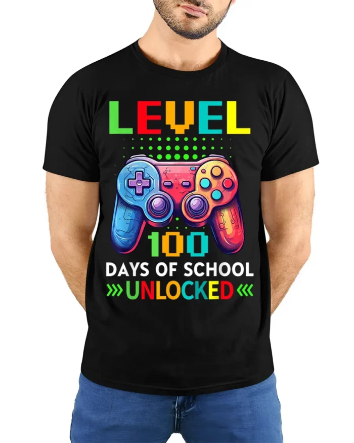 Level 100 Days of School Unlocked Gamer T-Shirt - model wearing black shirt, hands behind back