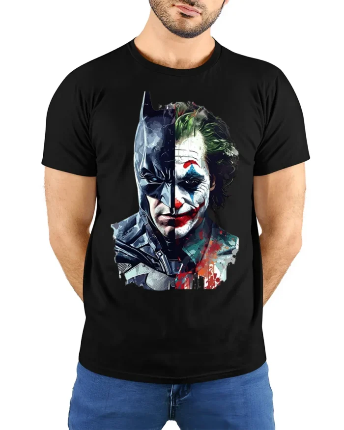 Dark Knight vs Clown Villain Split Face T-Shirt - model wearing black shirt, hands behind back