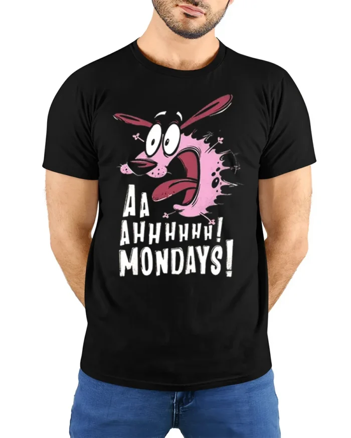 Screaming Dog Cartoon Aaah Mondays T-Shirt Funny - model wearing black shirt, hands behind back