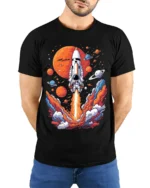 Retro Rocket Launch Space Planets Graphic T-Shirt - model wearing black shirt, hands behind back