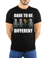 Dare to Be Different Skeleton Rainbow T-Shirt - model wearing black shirt, hands behind back